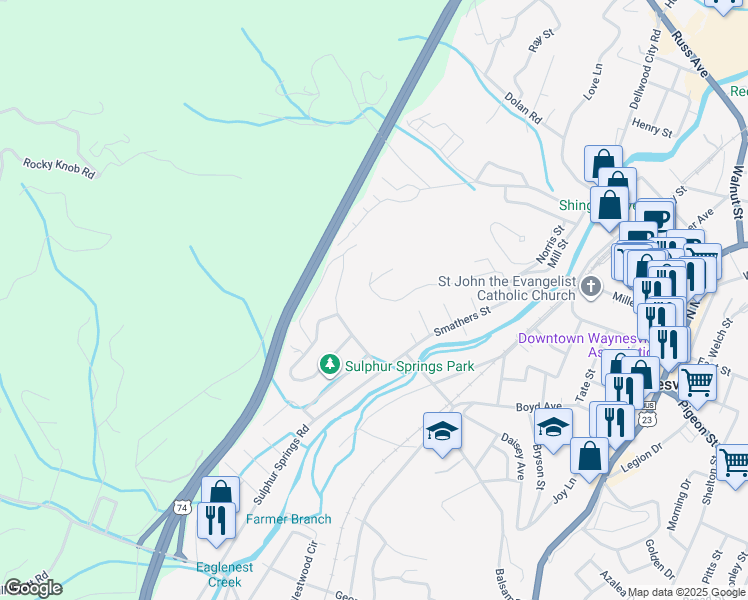 map of restaurants, bars, coffee shops, grocery stores, and more near 391 4th Street in Waynesville