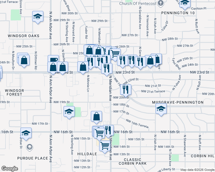 map of restaurants, bars, coffee shops, grocery stores, and more near 2221 North Meridian Avenue in Oklahoma City