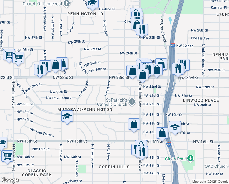 map of restaurants, bars, coffee shops, grocery stores, and more near 3843 Northwest 21st Street in Oklahoma City