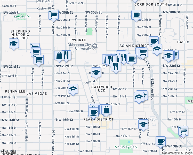 map of restaurants, bars, coffee shops, grocery stores, and more near 900 Northwest 21st Street in Oklahoma City