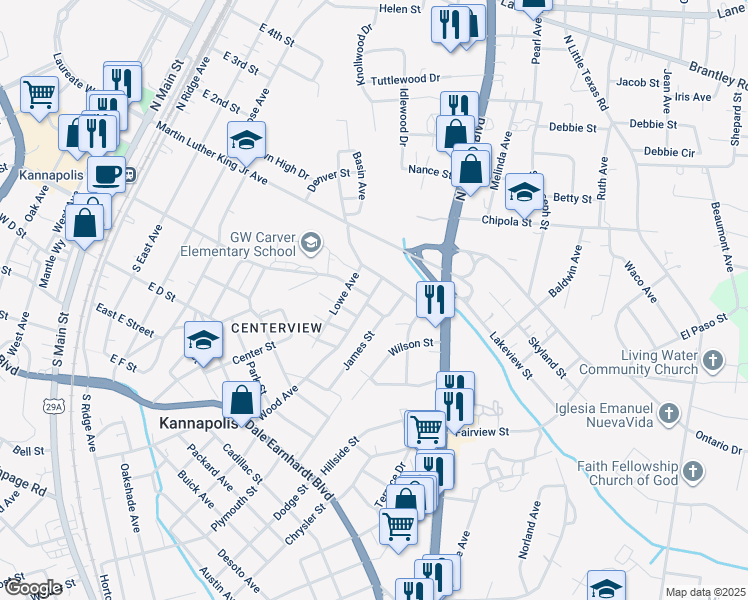 map of restaurants, bars, coffee shops, grocery stores, and more near 125 Wood Avenue in Kannapolis