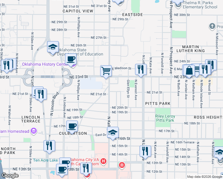 map of restaurants, bars, coffee shops, grocery stores, and more near 1009 Northeast 21st Street in Oklahoma City