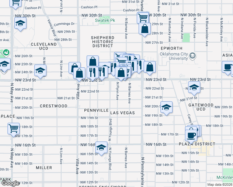 map of restaurants, bars, coffee shops, grocery stores, and more near 2230 Northwest 22nd Street in Oklahoma City