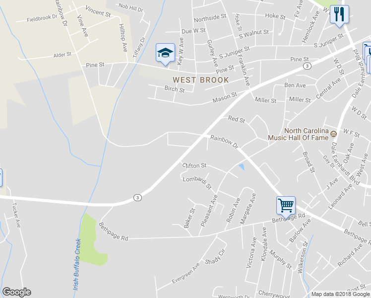 map of restaurants, bars, coffee shops, grocery stores, and more near 1301 Bailey Street in Kannapolis