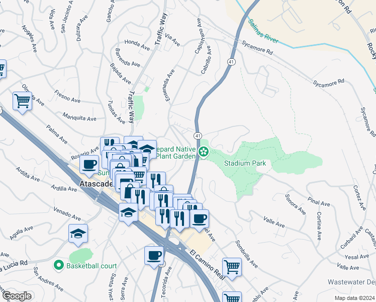 map of restaurants, bars, coffee shops, grocery stores, and more near 5625 Capistrano Avenue in Atascadero