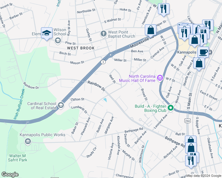 map of restaurants, bars, coffee shops, grocery stores, and more near 530 Pleasant Avenue in Kannapolis