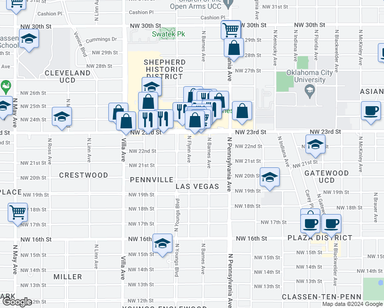map of restaurants, bars, coffee shops, grocery stores, and more near 2230 Northwest 22nd Street in Oklahoma City