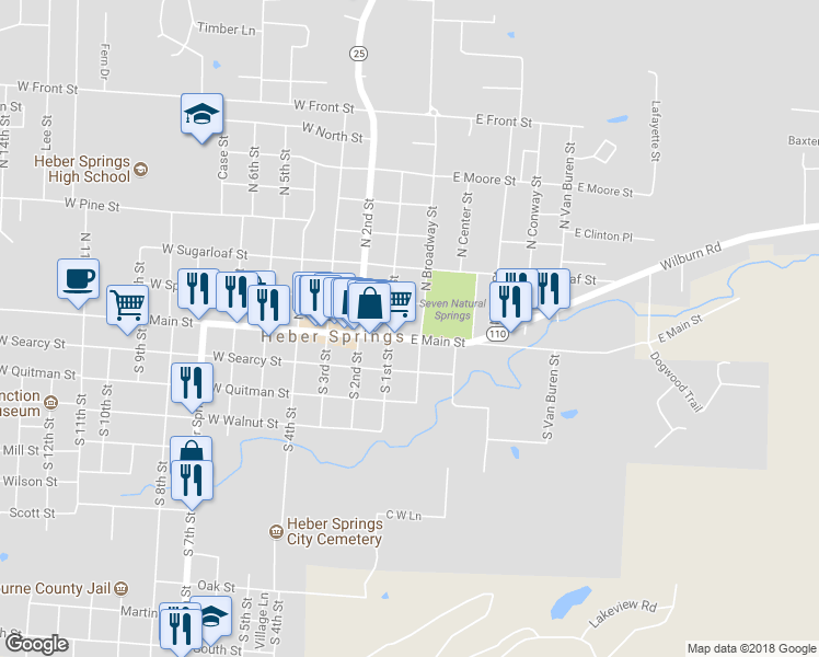 map of restaurants, bars, coffee shops, grocery stores, and more near 120 East Main Street in Heber Springs