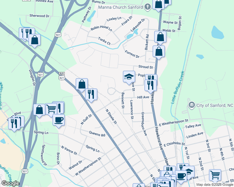 map of restaurants, bars, coffee shops, grocery stores, and more near 109 Hill Avenue in Sanford