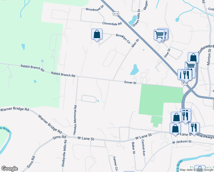 map of restaurants, bars, coffee shops, grocery stores, and more near 407 Dover Street in Shelbyville