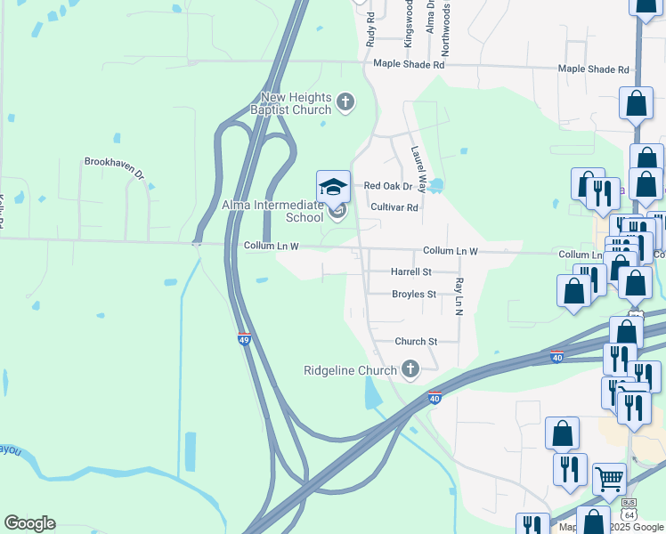 map of restaurants, bars, coffee shops, grocery stores, and more near 1306 Garrison Lane in Alma