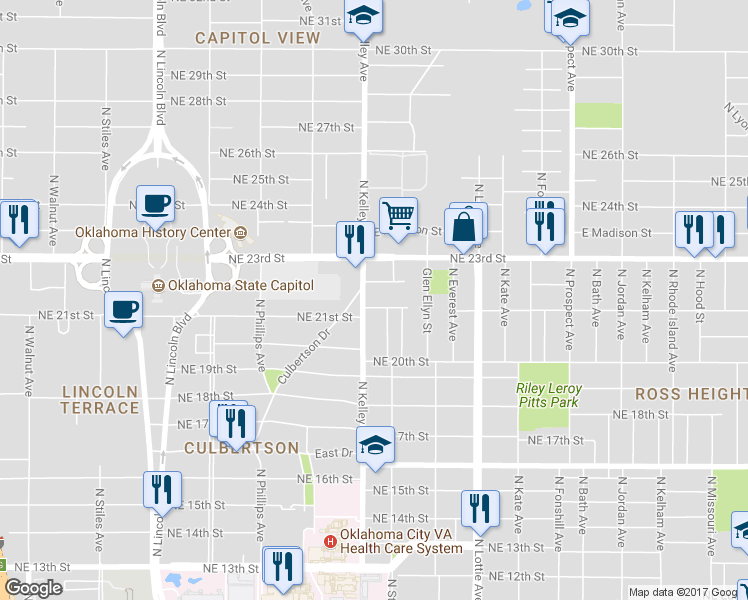 map of restaurants, bars, coffee shops, grocery stores, and more near 1009 Northeast 21st Street in Oklahoma City