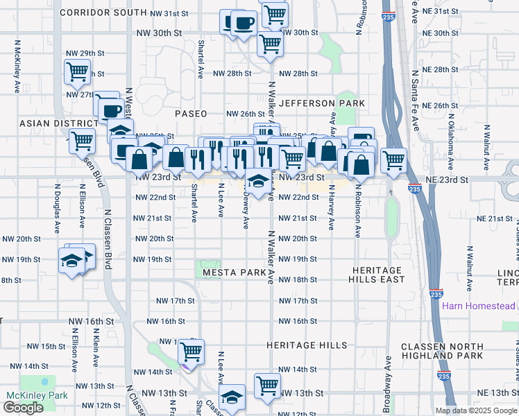 map of restaurants, bars, coffee shops, grocery stores, and more near 601 Northwest 21st Street in Oklahoma City