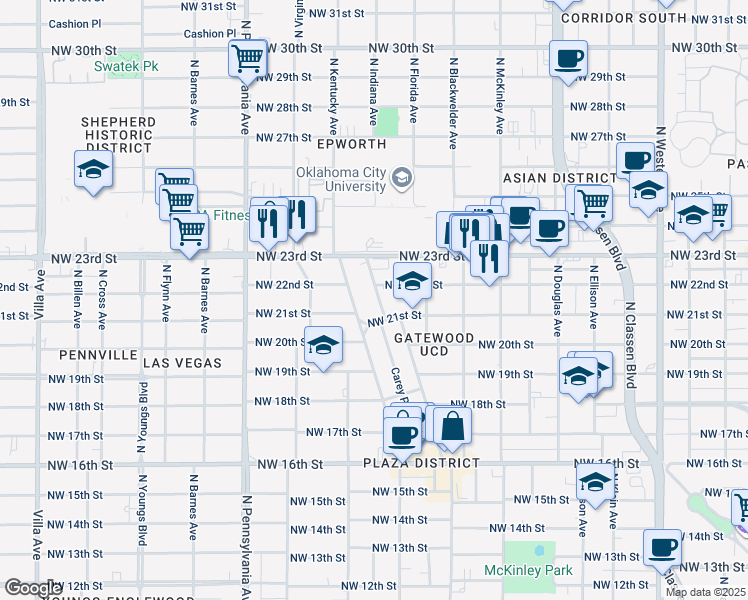map of restaurants, bars, coffee shops, grocery stores, and more near 2217 North Gatewood Avenue in Oklahoma City