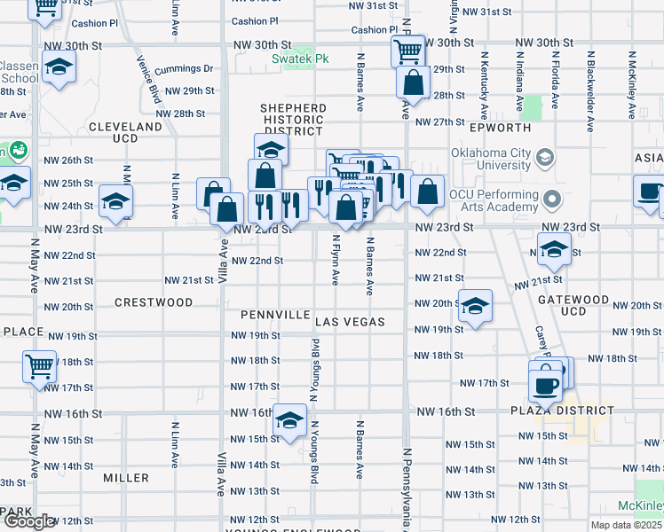 map of restaurants, bars, coffee shops, grocery stores, and more near 2230 Northwest 22nd Street in Oklahoma City