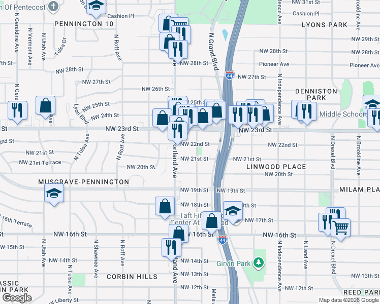 map of restaurants, bars, coffee shops, grocery stores, and more near 3623 Northwest 21st Street in Oklahoma City