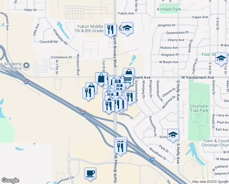 map of restaurants, bars, coffee shops, grocery stores, and more near 1700 Garth Brooks Boulevard in Yukon