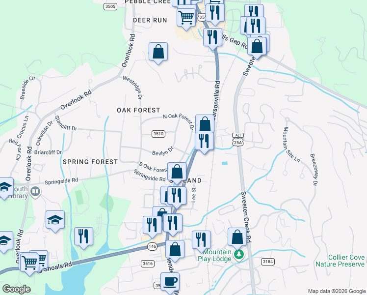 map of restaurants, bars, coffee shops, grocery stores, and more near 2 North Oak Forest Drive in Asheville