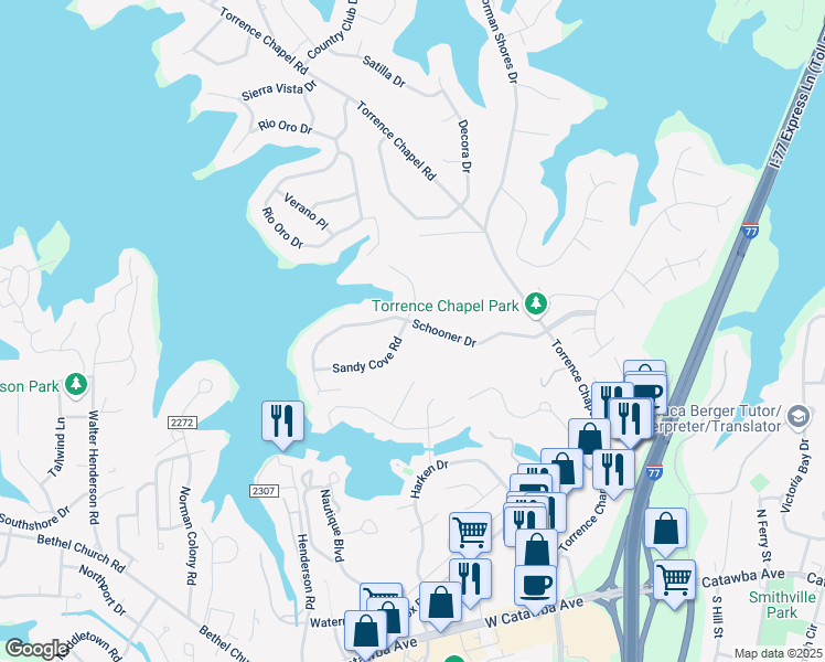 map of restaurants, bars, coffee shops, grocery stores, and more near 21334 Sandy Cove Road in Cornelius