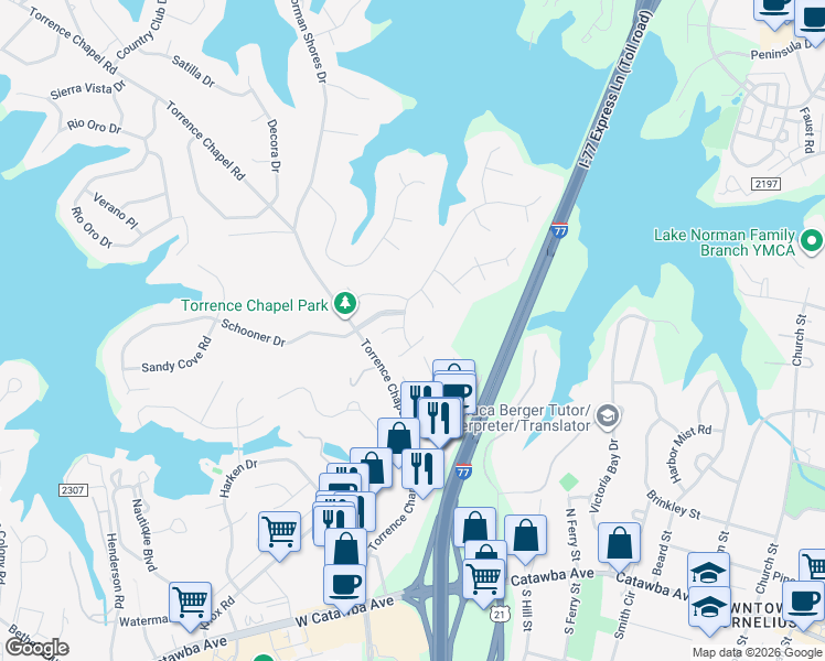 map of restaurants, bars, coffee shops, grocery stores, and more near 20336 Cathedral Oaks Drive in Cornelius