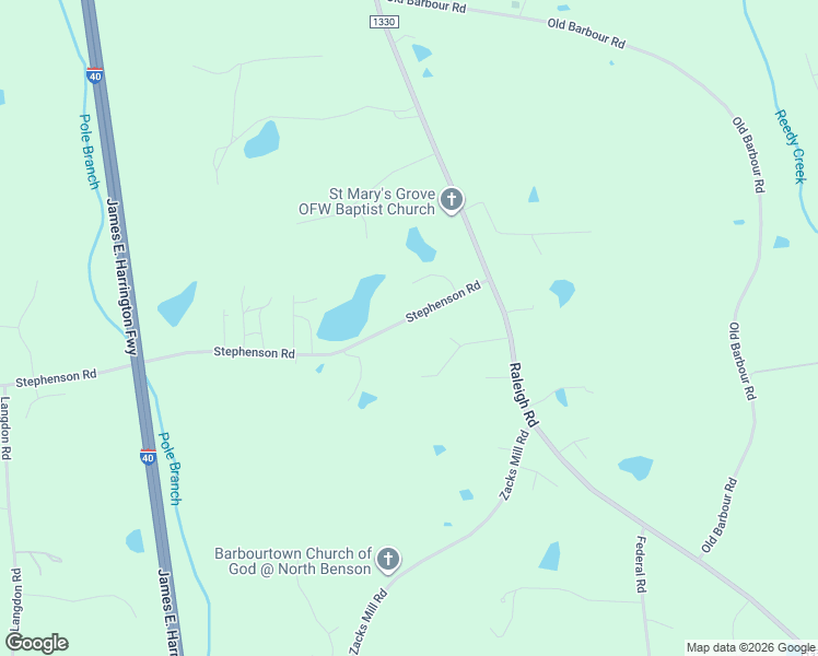 map of restaurants, bars, coffee shops, grocery stores, and more near 215 Stephenson Road in Benson