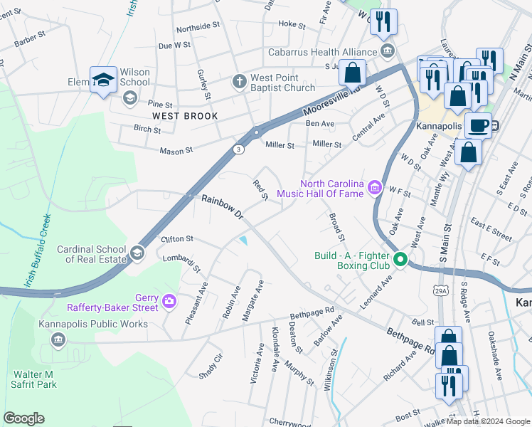 map of restaurants, bars, coffee shops, grocery stores, and more near 526 Pleasant Avenue in Kannapolis