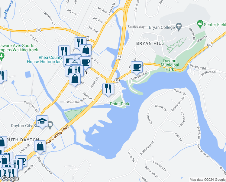 map of restaurants, bars, coffee shops, grocery stores, and more near 185 Chickamauga Drive in Dayton
