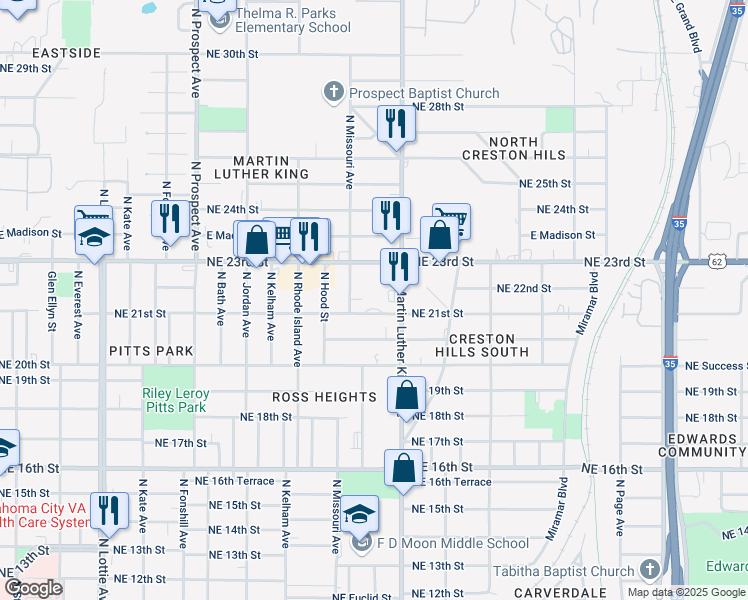 map of restaurants, bars, coffee shops, grocery stores, and more near 1921 Northeast 21st Street in Oklahoma City