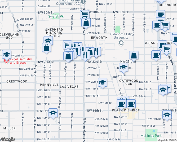 map of restaurants, bars, coffee shops, grocery stores, and more near 2033 Northwest 21st Street in Oklahoma City