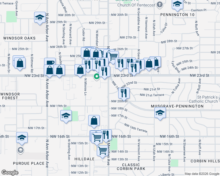 map of restaurants, bars, coffee shops, grocery stores, and more near 4417 Northwest 22nd Street in Oklahoma City