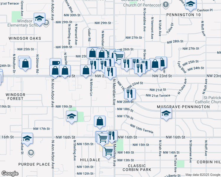map of restaurants, bars, coffee shops, grocery stores, and more near 2221 North Meridian Avenue in Oklahoma City