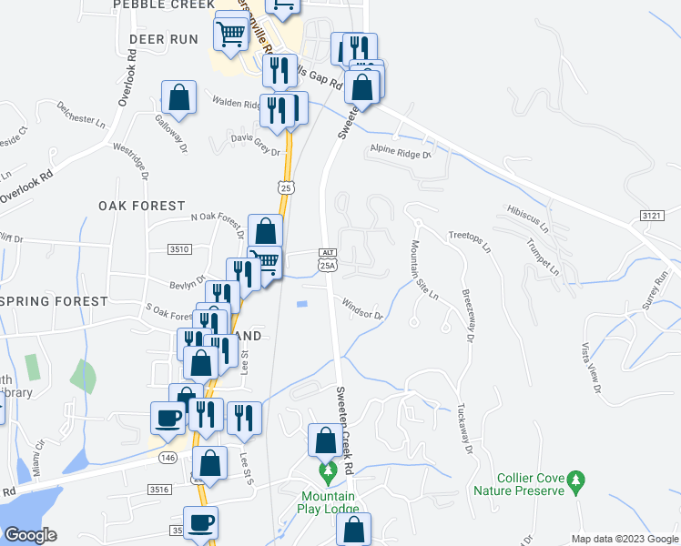 map of restaurants, bars, coffee shops, grocery stores, and more near 301 Kensington Place in Asheville