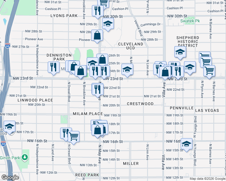 map of restaurants, bars, coffee shops, grocery stores, and more near 2837 Northwest 21st Street in Oklahoma City