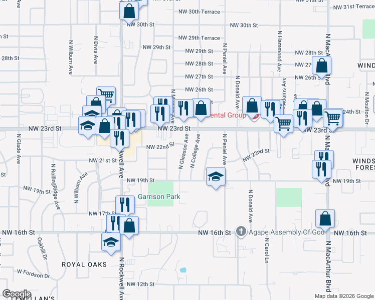 map of restaurants, bars, coffee shops, grocery stores, and more near 2201 North College Avenue in Bethany