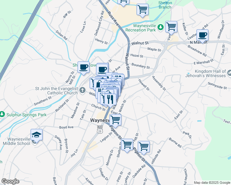 map of restaurants, bars, coffee shops, grocery stores, and more near 161 North Main Street in Waynesville
