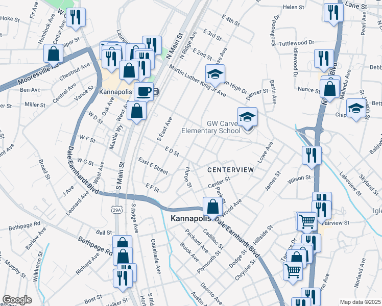 map of restaurants, bars, coffee shops, grocery stores, and more near 221 York Avenue in Kannapolis