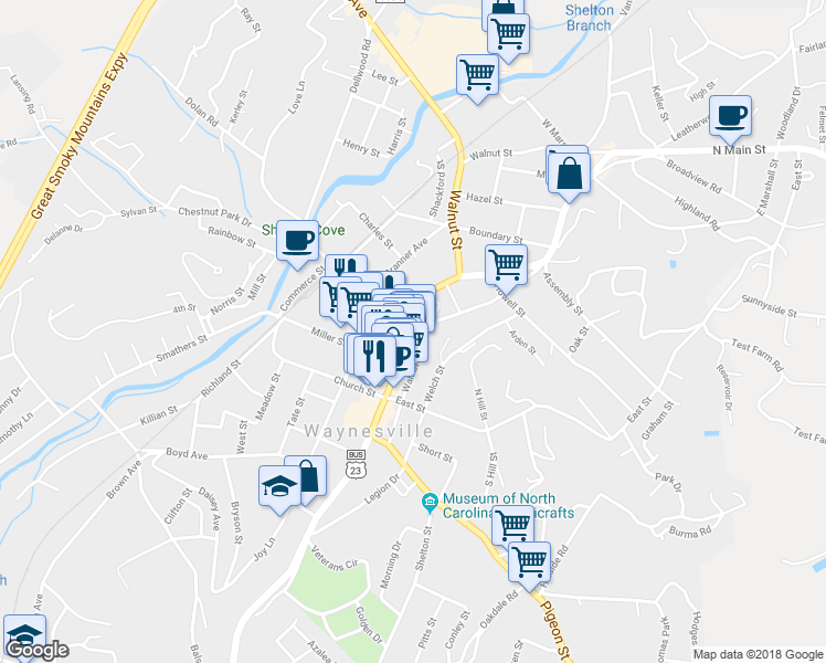 map of restaurants, bars, coffee shops, grocery stores, and more near 161 North Main Street in Waynesville