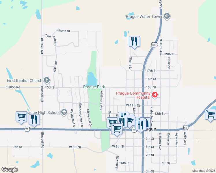 map of restaurants, bars, coffee shops, grocery stores, and more near 1302 15th Street in Prague