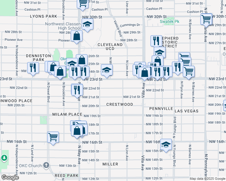 map of restaurants, bars, coffee shops, grocery stores, and more near 2745 Northwest 21st Street in Oklahoma City