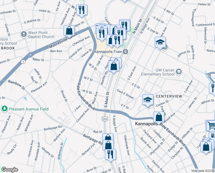map of restaurants, bars, coffee shops, grocery stores, and more near 420 South Main Street in Kannapolis