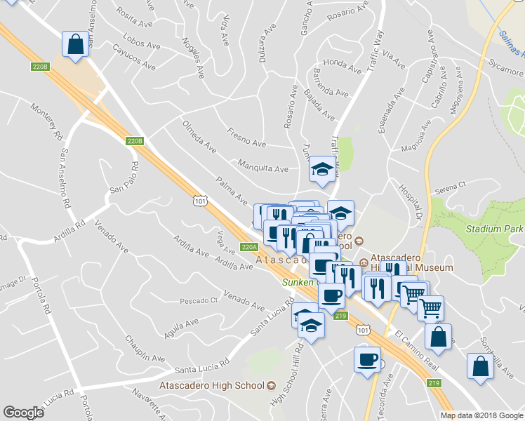 map of restaurants, bars, coffee shops, grocery stores, and more near 5495 Palma Avenue in Atascadero