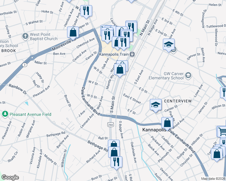 map of restaurants, bars, coffee shops, grocery stores, and more near 420 South Main Street in Kannapolis