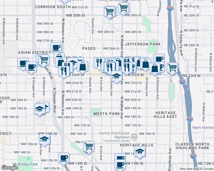 map of restaurants, bars, coffee shops, grocery stores, and more near 629 Northwest 21st Street in Oklahoma City