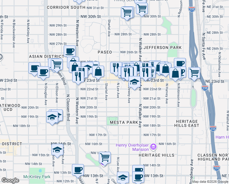 map of restaurants, bars, coffee shops, grocery stores, and more near 629 Northwest 21st Street in Oklahoma City