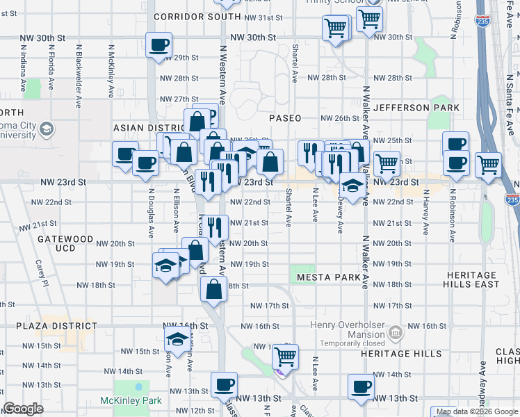 map of restaurants, bars, coffee shops, grocery stores, and more near 825 Northwest 21st Street in Oklahoma City