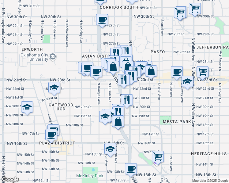 map of restaurants, bars, coffee shops, grocery stores, and more near 2201 North Classen Boulevard in Oklahoma City