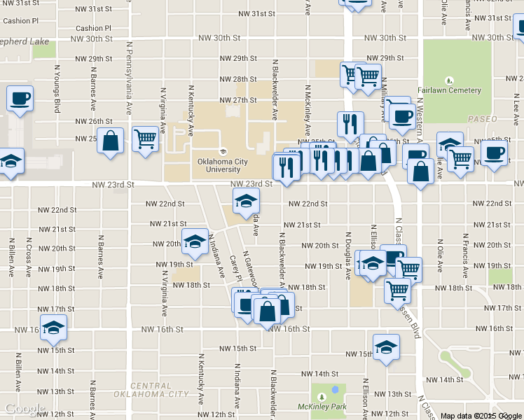 map of restaurants, bars, coffee shops, grocery stores, and more near 1715 Northwest 21st Street in Oklahoma City