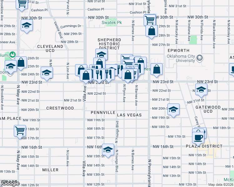 map of restaurants, bars, coffee shops, grocery stores, and more near 2215 North Youngs Boulevard in Oklahoma City