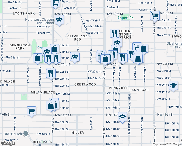 map of restaurants, bars, coffee shops, grocery stores, and more near 2541 Northwest 21st Street in Oklahoma City