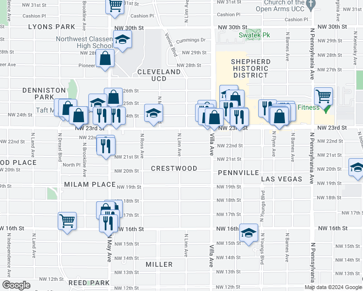 map of restaurants, bars, coffee shops, grocery stores, and more near 2709 Northwest 21st Street in Oklahoma City